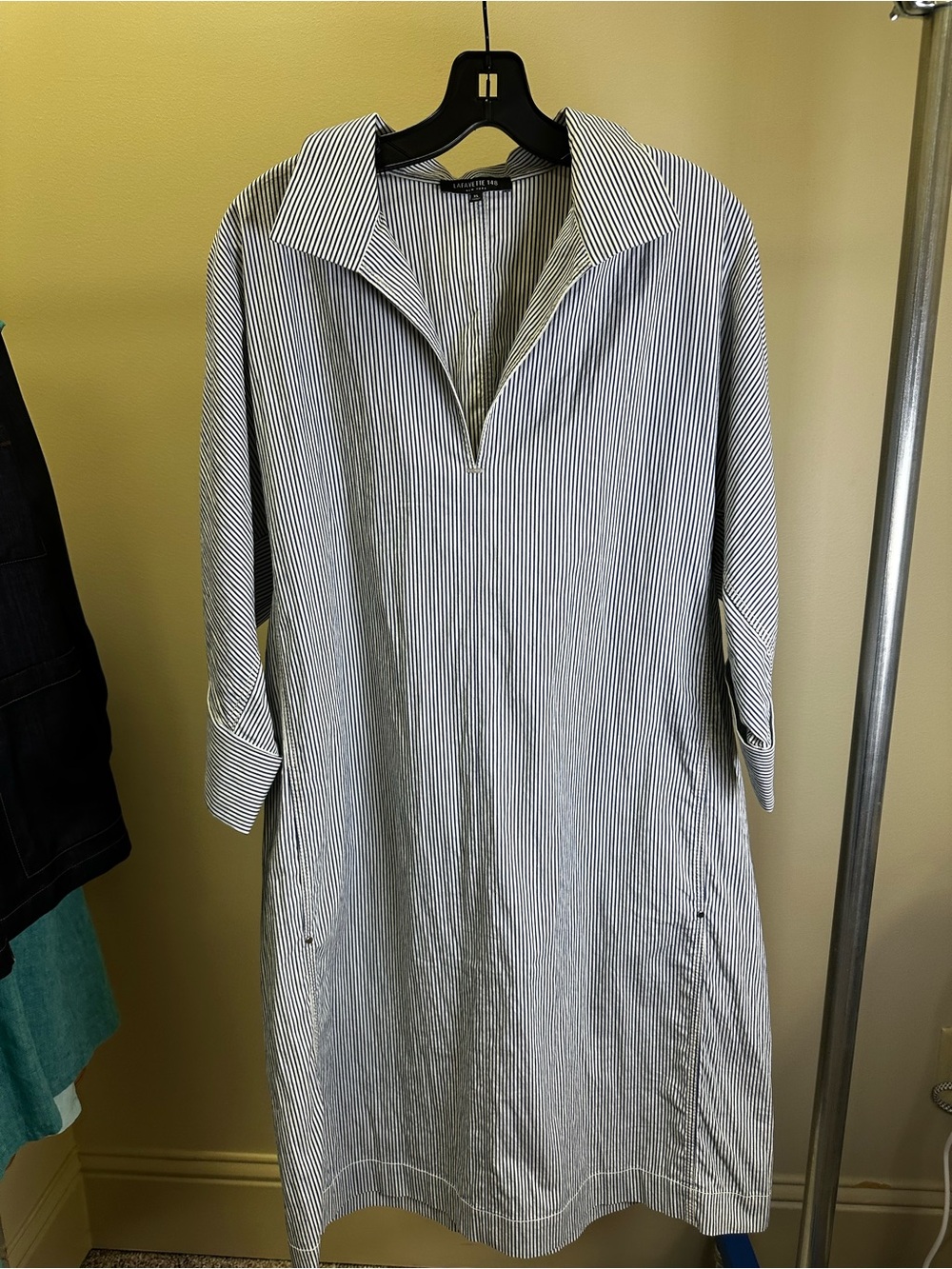 Lafayette 148 New York Navy and White Striped Midi Shirt Dress